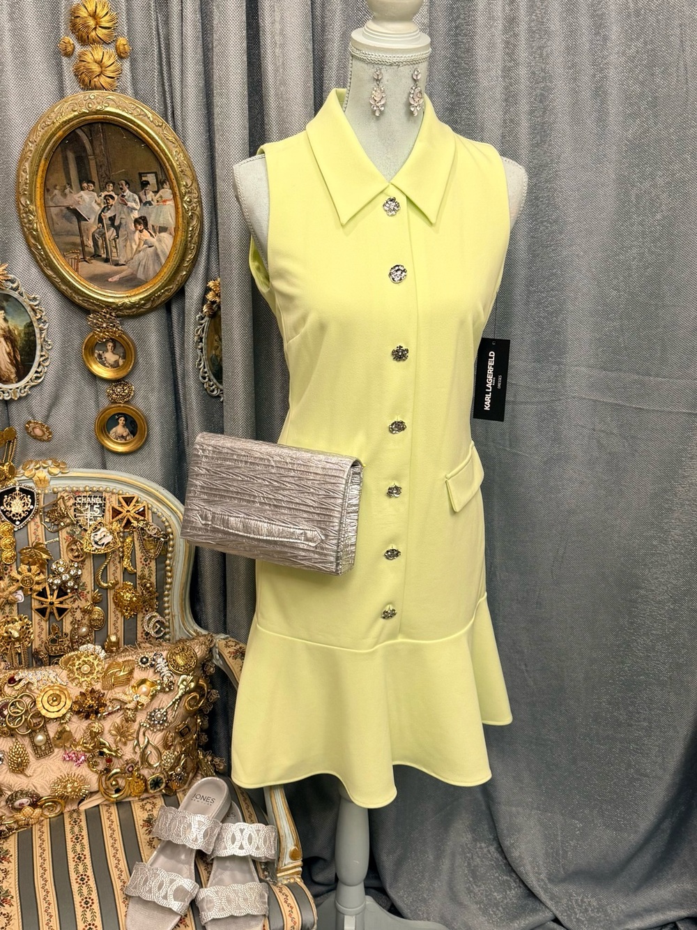 Neon Lime Dress With Silver Flower Buttons size 10